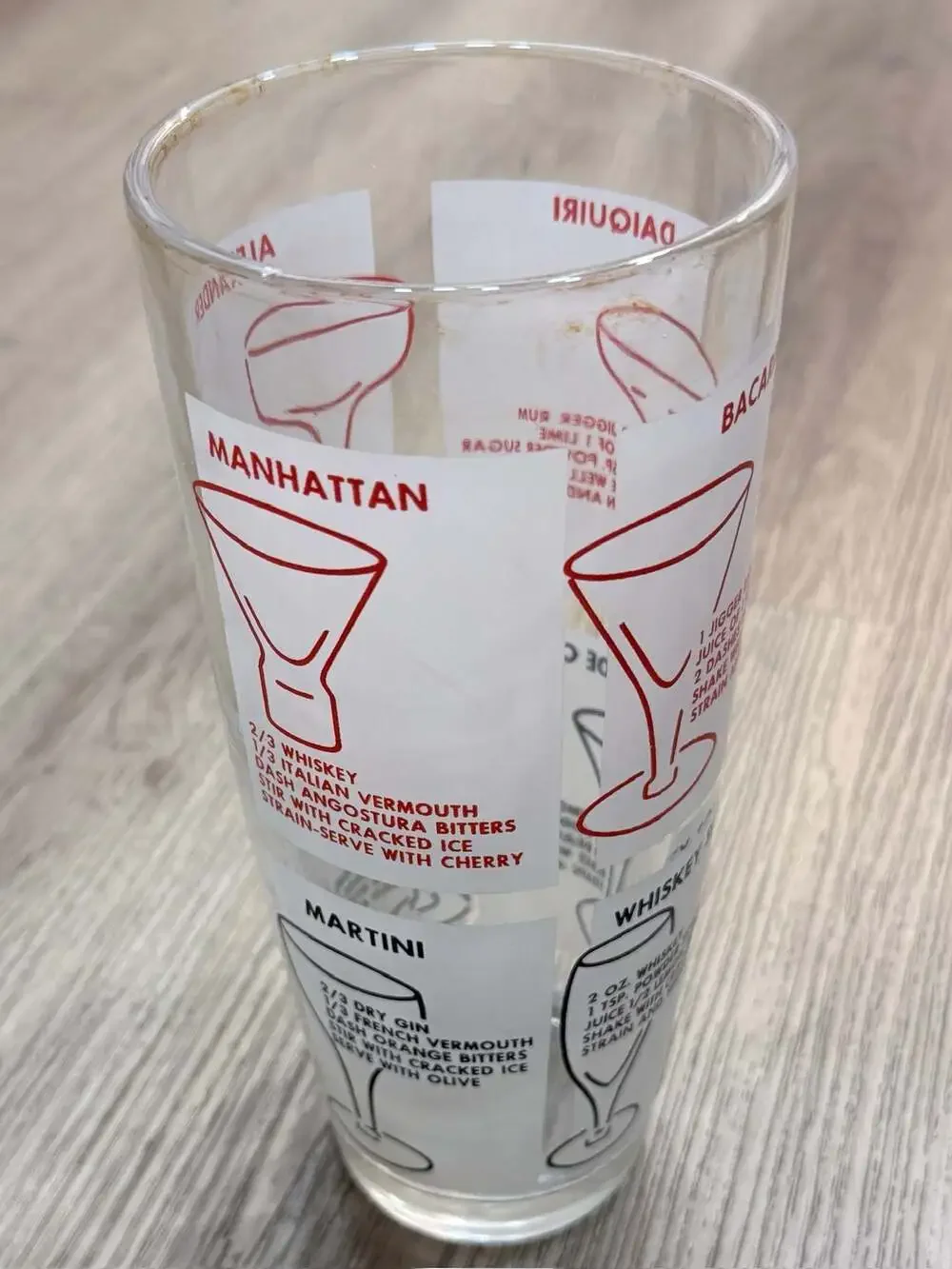 Vintage Mid-Century Glass Cocktail Shaker with Printed Drink Recipes